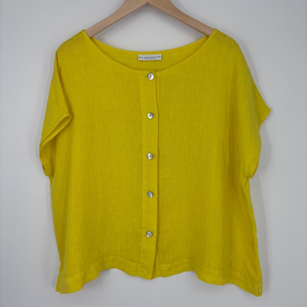 Bryn Walker 100% Linen Button Up Top Womens Medium Yellow Boxy Lagenlook Blouse